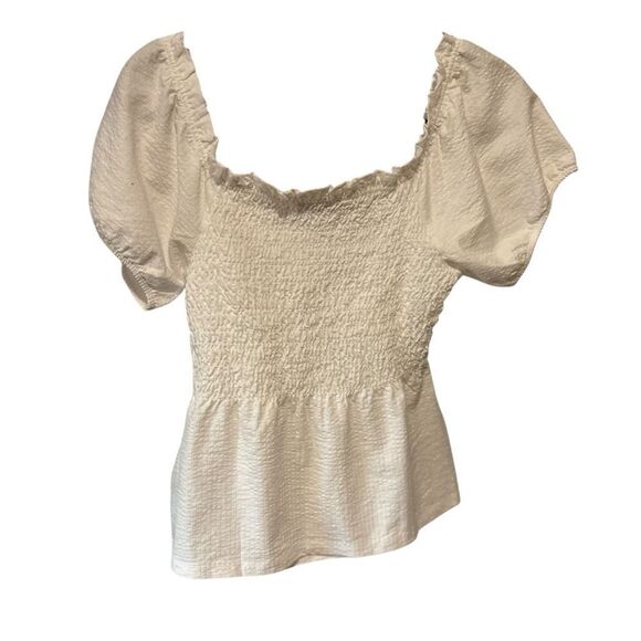 J. Crew J Crew Seersucker Smocked White Puff Sleeve Top - Picture 4 of 6